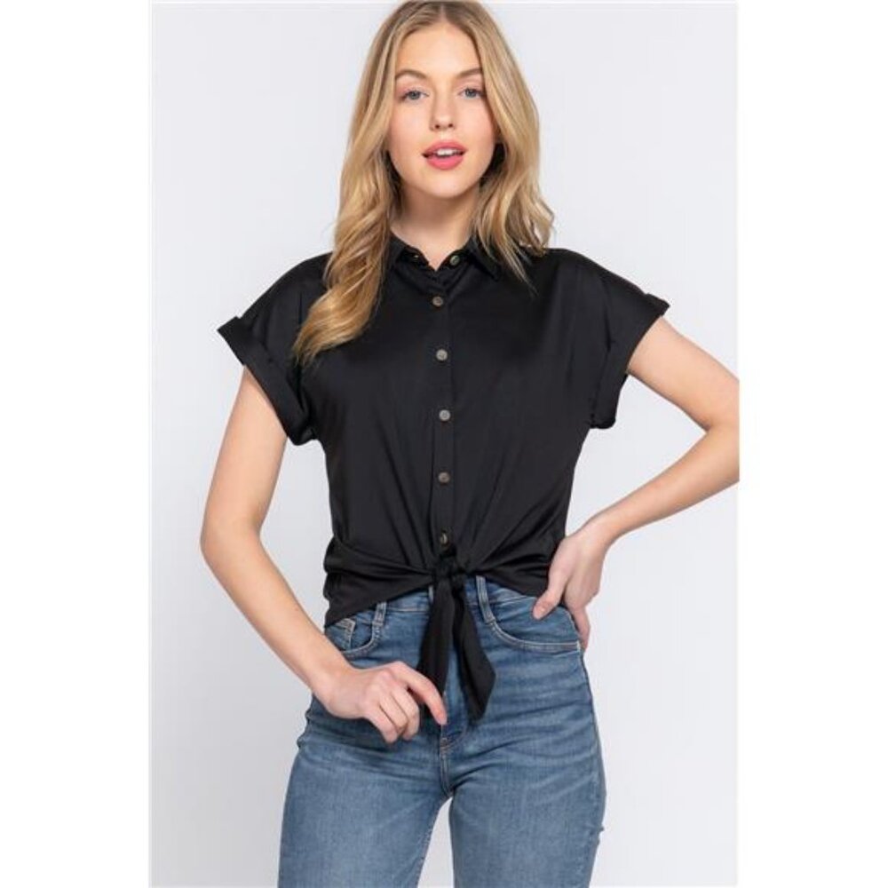 Short Sleeve Front Tie Detail Stretch ITY Top- Black